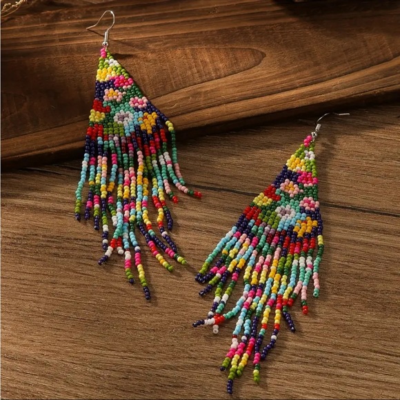 Handmade Navy Rainbow Floral Seed Bead Dangle Earrings - Picture 5 of 11